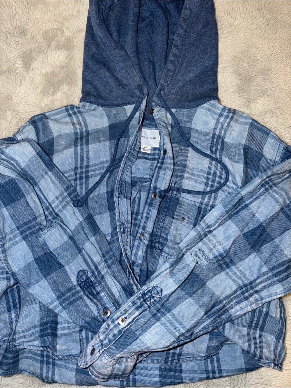 American Eagle Outfitters Blue Plaid Hooded Button-Down Shirt Jacket